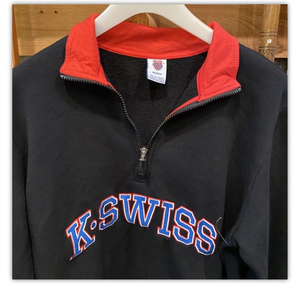 New K-Swiss Quarter Zip Fleece Pullover Men M Black Blue Red White SpellOut Logo - Picture 3 of 5